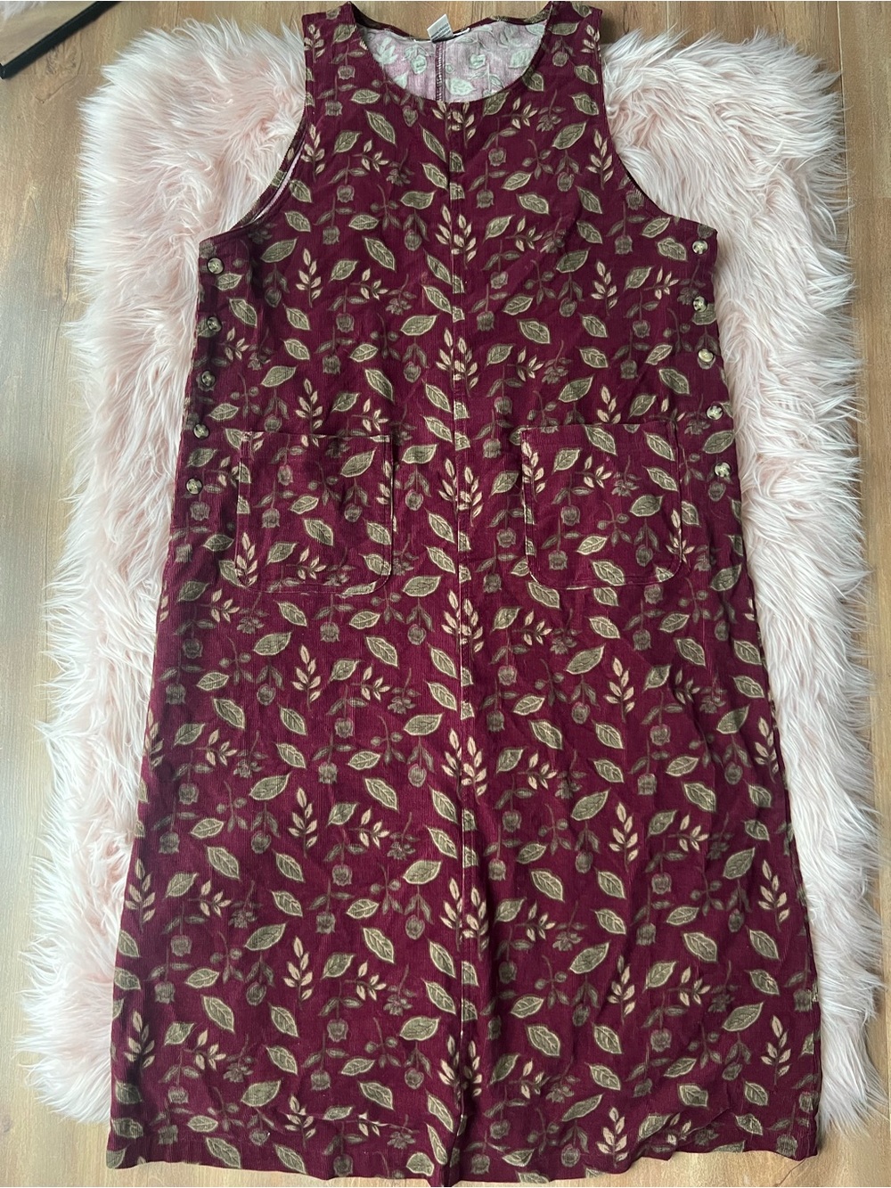 100% Cotton Vintage Fall Burgundy Midi Dress with Gold Leaf Print Corduroy